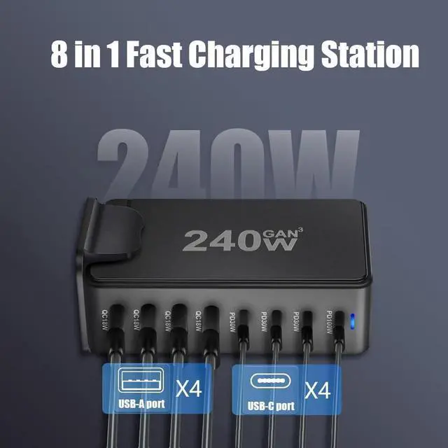 Alt view image 2 of 7 - 240W 8-Prots GaN USB C Charger Block QC3.0 Fast Charging GaN Charger Mobile Phone Quick Charging Type C Desk for IPhone Xiaomi Samsung - Black