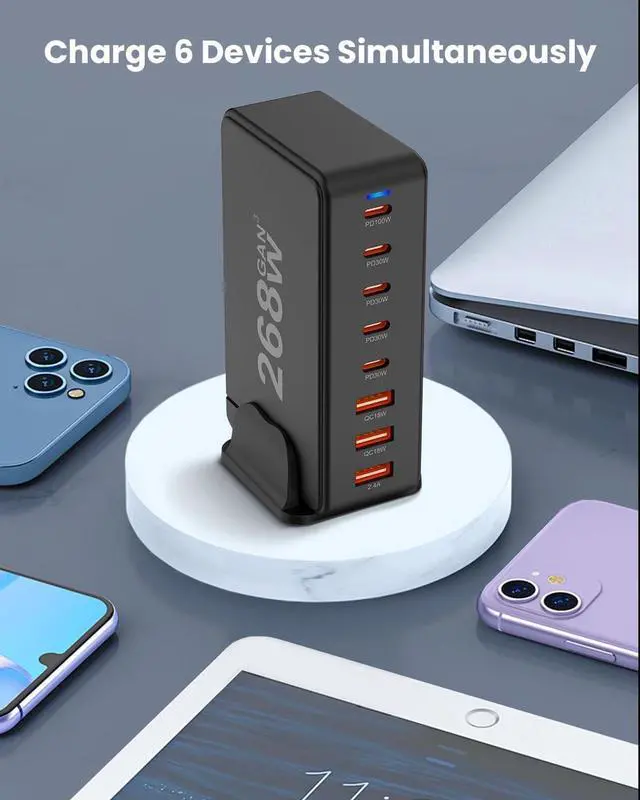 Alt view image 5 of 7 - 268W USB C QC4.0 Compact Desk Charger, GaN PPS Fast Travel Charger for MacBook Pro/Air, Chromebook, GalaxyBook, Pixelbook, Surface, iPad Pro, Steam Deck, and More