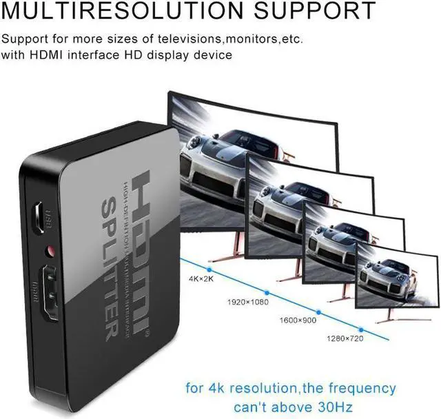 Alt view image 5 of 7 - HDMI Splitter 1 in 2 Out - 4k HDMI Splitter 1 x 2 for Dual Duplicate Monitors Support 3D 4K@30HZ Full HD 1080P for Xbox PS4 Blu-Ray Player HDTV