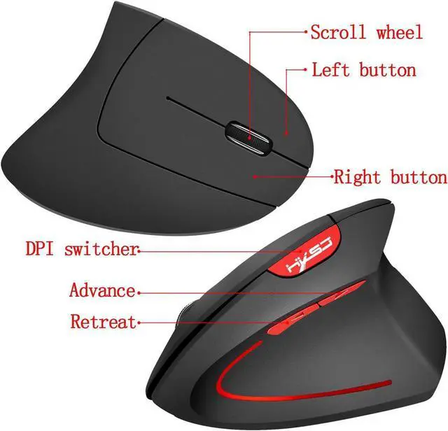 Alt view image 4 of 7 - HXSJ Vertical Mouse 2.4G Wireless Mouse Rechargeable Mouse Built-In 600 MA Battery Adjustable 2400Dpi for Windows 7/8/Vista/XP/2000 suitable for Office&Games -Black