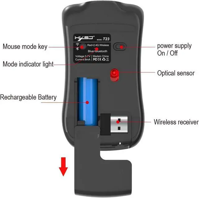 Alt view image 3 of 7 - HXSJ Wireless Gaming Mouse, Silent Click, Bluetooth 4.0 + 2.4G  Dual Mode Cordless Computer PC Gaming Mouse Laptop USB Mice, Advanced 1600 DPI Optical Sensor, 3-Button, Ergonomic Grips, Black