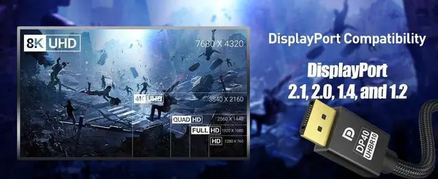 Alt view image 6 of 7 - 8K DisplayPort & DP Cable, VESA Certification  3.3ft (for DP 2.1 Gaming PCs/laptops/Graphics Cards/Monitors, Support HBR10 Bandwidth of 40Gbps,4K@144Hz,4K@120Hz,2K@165Hz,2K@360Hz
