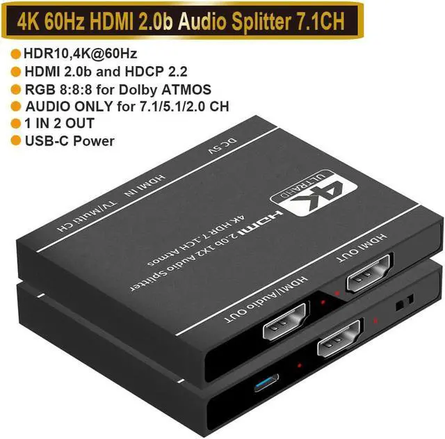 Main image of 4K@60HZ HDMI Splitter 1 in 2 Out with Audio Extractor(Support HDMI Audio Output), HDMI Splitter 1 to 2 Amplifier for Full HD HDMI 2.0 1080P/ 3D/ 4K for Xbox PS4 PS3 Fire Stick Roku Blu-Ray Player