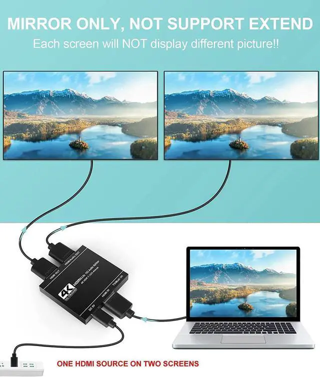 Alt view image 4 of 7 - 4K@60HZ HDMI Splitter 1 in 2 Out with Audio Extractor(Support HDMI Audio Output), HDMI Splitter 1 to 2 Amplifier for Full HD HDMI 2.0 1080P/ 3D/ 4K for Xbox PS4 PS3 Fire Stick Roku Blu-Ray Player