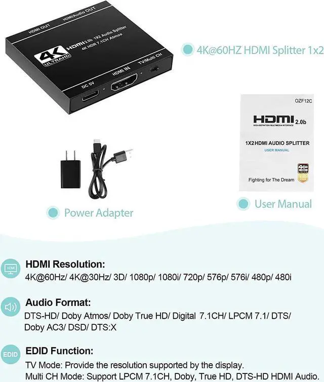 Alt view image 7 of 7 - 4K@60HZ HDMI Splitter 1 in 2 Out with Audio Extractor(Support HDMI Audio Output), HDMI Splitter 1 to 2 Amplifier for Full HD HDMI 2.0 1080P/ 3D/ 4K for Xbox PS4 PS3 Fire Stick Roku Blu-Ray Player