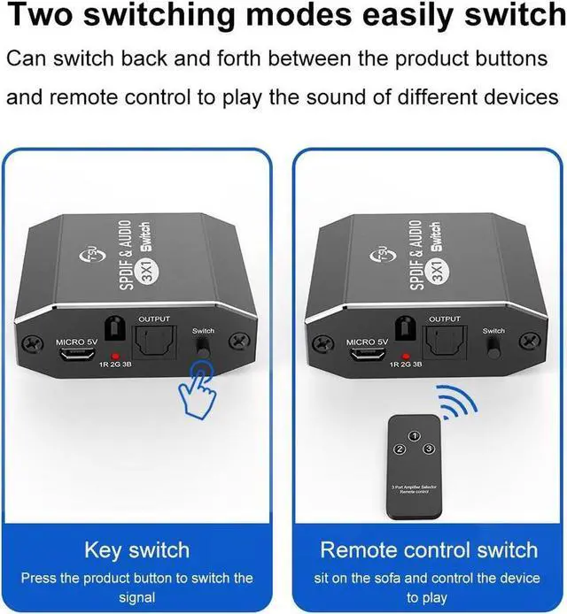 Alt view image 5 of 7 - 3x1 SPDIF/TOSLINK Switch  (3 Port SPDIF Switch with IR Remote, Optical Cable) - Compatible with PS3 Xbox Blue-Ray DVD HDTV