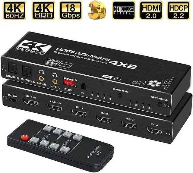 Main image of HDMI Matrix 4 in 2 Out, 4K HDMI Matrix Switch 4X2 Switcher Splitter Box with 2xSPDIF Audio, 2x3.5mm L/R Audio and IR Remote Control, Support Ultra 4Kx2K@60Hz HDR10 3D 1080P HDMI2.0b HDCP2.2