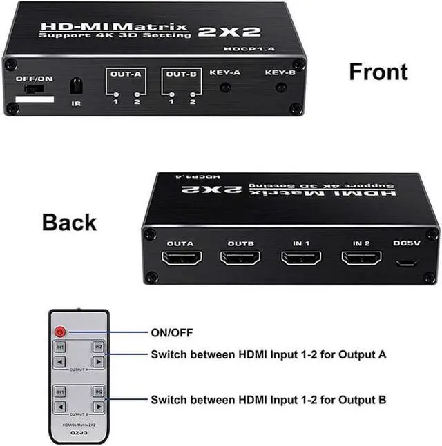 Alt view image 2 of 7 - HDMI Matrix 2x2, 4K HDMI Matrix Switch, Support LPCM/Dolby/DTS LPCM 7.1 audio format, 1080P 3D, HDCP 1.4 ,YUV 4:2:0 , IR Remote (OZJ3)