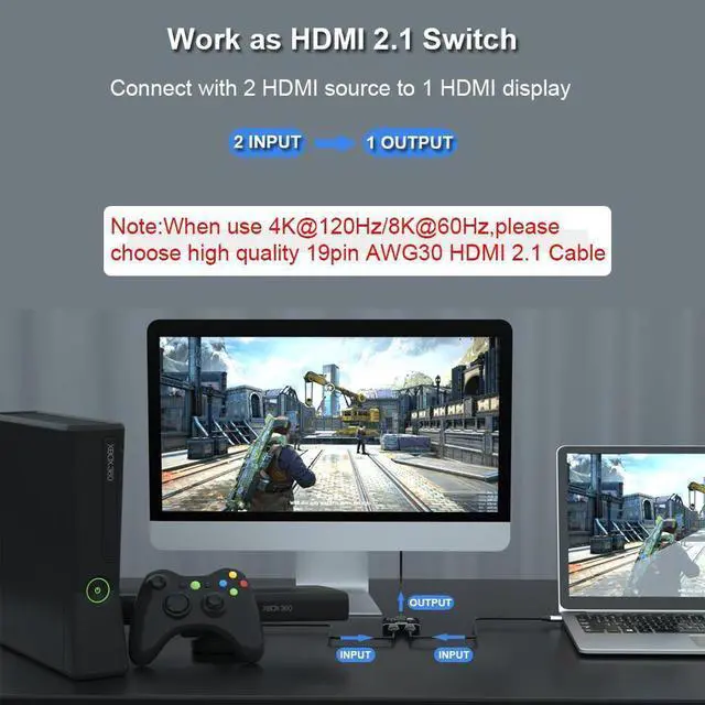 Alt view image 4 of 7 - HDMI Switch Splitter 4K@120hz, Aluminum Bidirectional HDMI Switcher 2 in 1 Out, HDMI Splitter 1 in 2 Out, HDMI Hub Supports 4K@120Hz,8K@60Hz for Xbox PS5/4/3 Blu-Ray Player Fire Stick HDTV