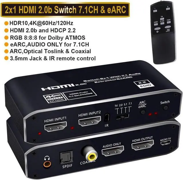 Main image of 4K@60Hz 2x1 HDMI Switch Audio Extractor with Optical Toslink SPDIF/Coaxial/3.5mm Audio Out, 2 Ports HDMI 2.0b Switcher with Remote Control Support ARC, HDCP 2.2, 3D, for Xbox, Fire Stick, PS5