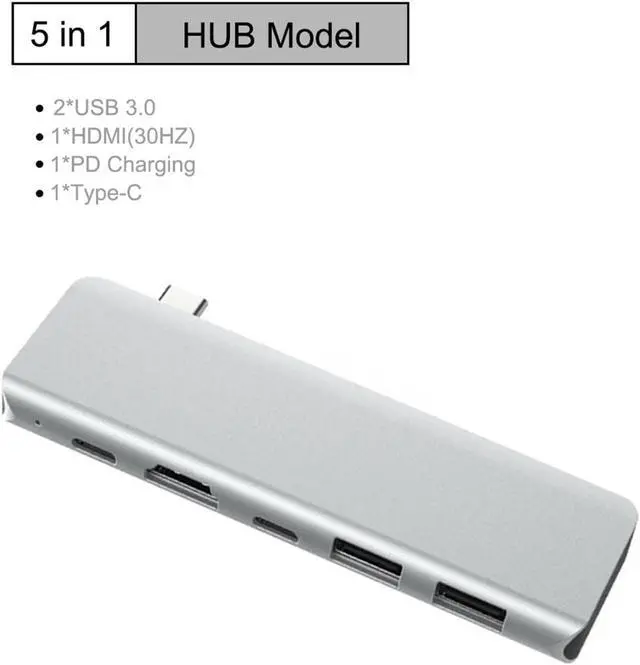 Alt view image 5 of 7 - 5 Ports USB Type C HUB USB-C to 4K 30Hz/60Hz HDMI USB TYPE-C Adapter Inline Version 5 in 1 Computer PC Laptop Splitter Aluminum Alloy
