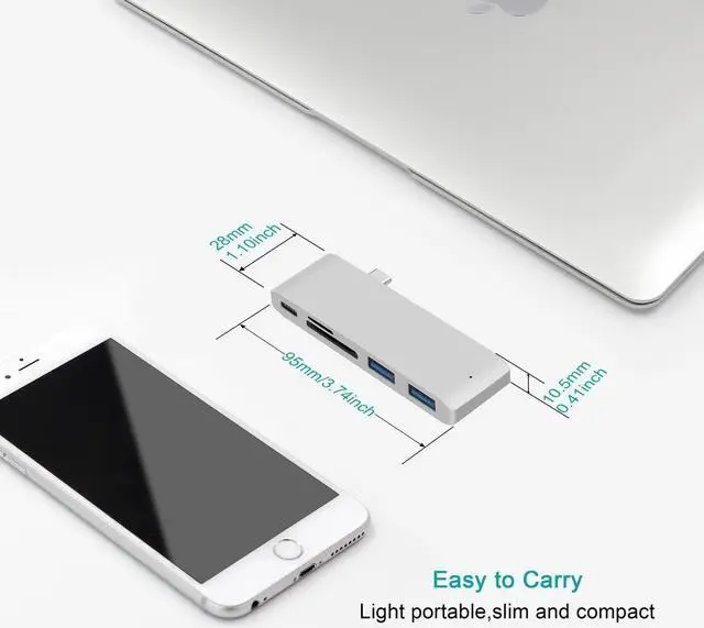 Alt view image 5 of 7 - USB Type C Hub Adapter, 5 in 1 Multi-Port USB 3.0 Type-C Adapter with 2 USB 3.0 Port, SD/Micro Card Reader and USB-C Charging Port, Type-C USB for MacBook Pro and More - Aluminum(Gray)