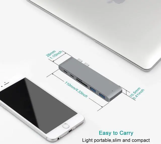 Alt view image 6 of 7 - USB C Hub, 6 in 1 Type C Adapter, Compatible with MacBook air 2016/2017/2018,Apple MacBook Pro 2018, 2017, 2016, 40Gbps, 2 USB 3.0 Ports, 1 USB 3.1 Port, SD/Micro Card Reader - Gray