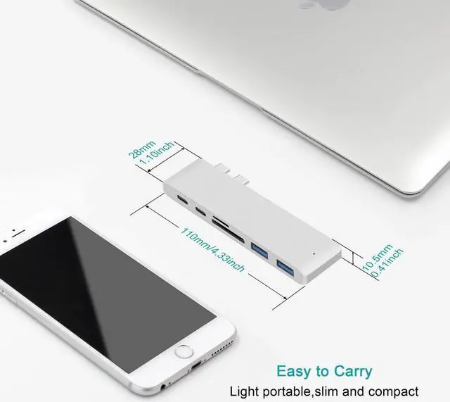 Alt view image 5 of 7 - USB C Hub Adapter for MacBook Air 2018, MacBook Pro 2018/2017/2016, Dual Type C Hub with SD/TF Card Reader, 2 Type C 40Gbps Thunderbolt 3 Port and 2 USB 3.0 Ports (Silver)