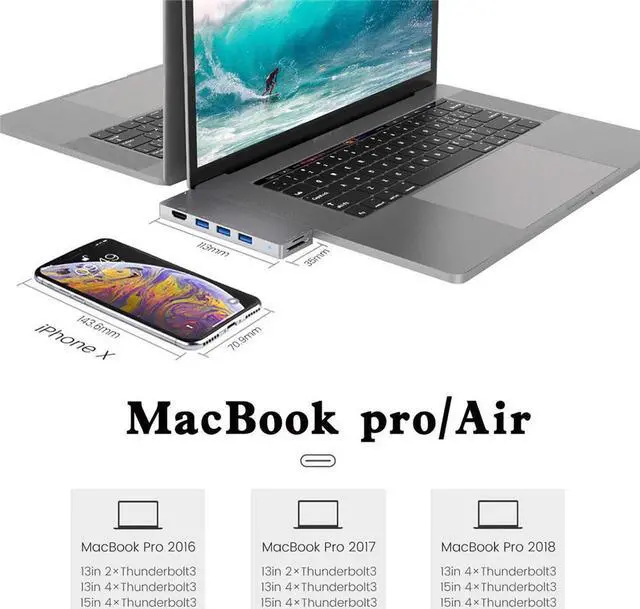Alt view image 4 of 7 - USB C Hub for MacBook Pro 2018/2017/2016 MacBook Air 2018/2019, 8 in 2 Aluminum Type C Hub Adapter with 4K HDMI, 40Gbps Thunderbolt 3, 100W PD, 3 USB 3.0 and SD/Micro Card Readers
