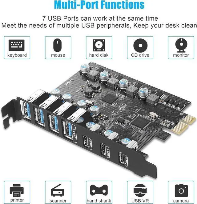 Alt view image 4 of 7 - Superspeed 7 Ports PCI-E to USB 3.0 Expansion Card - (3X USB C - 4X USB A) - PCI Express(PCIe) Expansion Card USB Card for Desktop PC Support Win XP Win7 Win 8 Win 10 Win 11 Linux