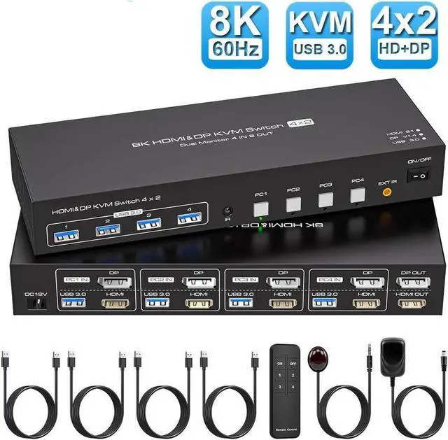 Main image of 8K HDMI+DisplayPort KVM Switch 2 Monitors 4 Computers, 8K@60Hz Support Extended & Duplicate Mode with 4 USB 3.0 Hub, 8K@60Hz HDMI DP KVM Switches, Plug and Play