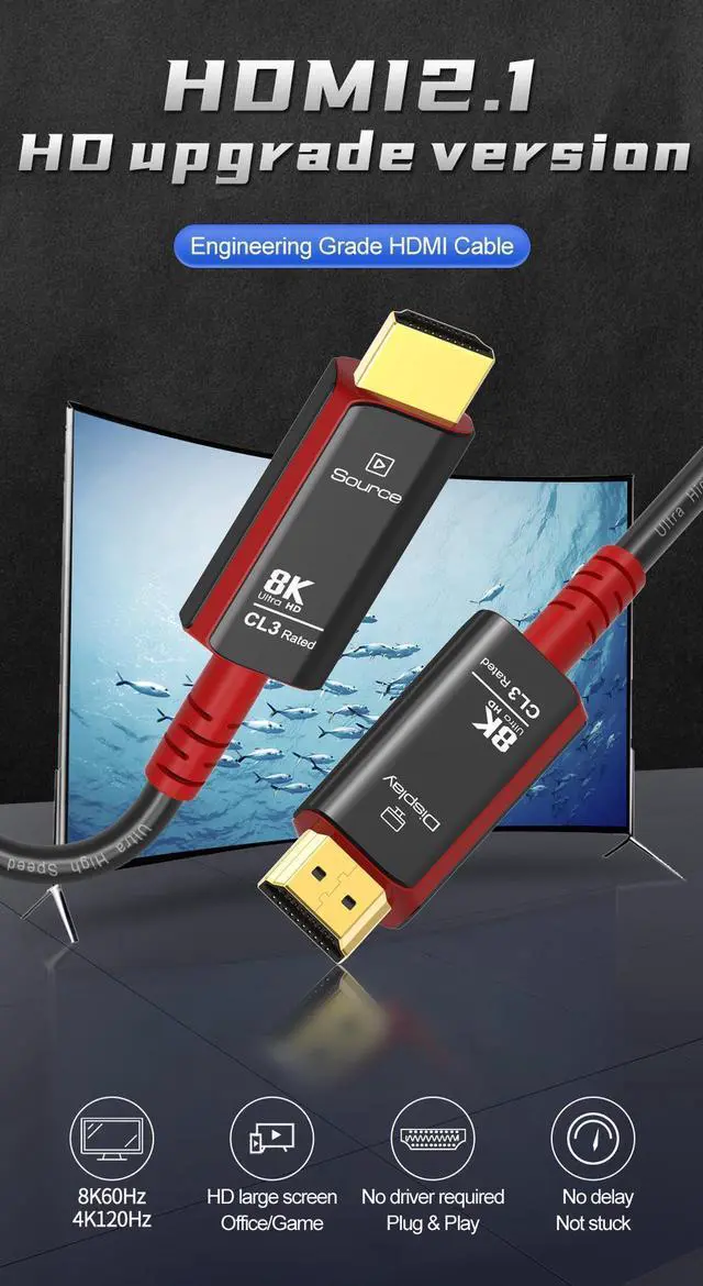 Alt view image 2 of 7 - Long 8K Fiber Optic HDMI Cable 16 FT, 2.1 Unidirectional 48Gbps Ultra High-Speed Slim HDMI Braided Cord 8K60Hz 4K120Hz HDR/eARC HDCP 2.2/3D Compatible for PS5 and DVD Player, (Black+Red)