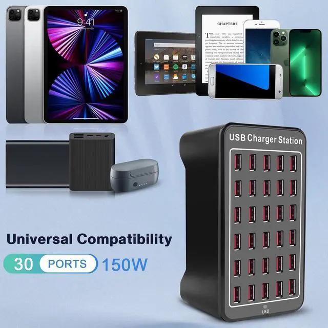 Alt view image 7 of 7 - 30-Port 150 watt (30 A) USB Charging Station, Home Desktop Fast Charger, Multiple Chargers, Suitable for Hotels, Shops, Schools, Shopping malls and Travel - Black