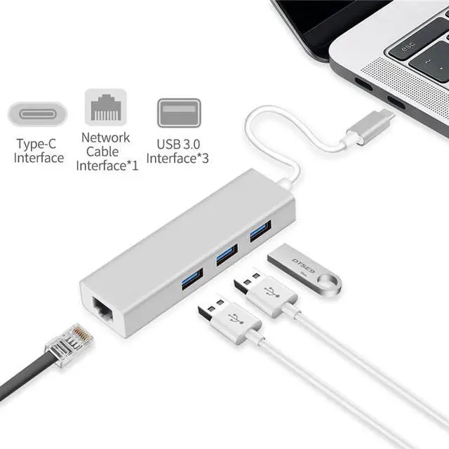 Alt view image 3 of 7 - USB C To Ethernet Adapter - Ethernet To USB C/Thunderbolt 3 To RJ45 Wired Network Convert Adapter with 3 USB 3.0, Plug & Play, Compatible With Mac Book,MacBook 2019/2018/2017 and More  - Gray