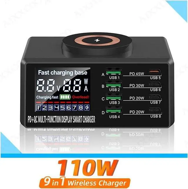 Main image of 8-port 110W USB Charger Station with Wireless Charging, Desktop Fast Charging Station with LCD Digital Diaplay, Multi-Port 4USB +4PD Faster Charger, for Cell Phone, Tablet