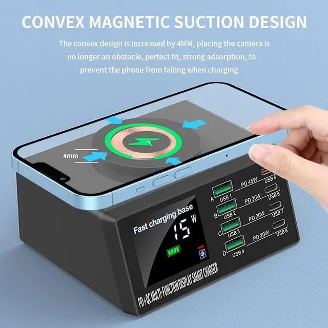 Alt view image 7 of 7 - 8-port 110W USB Charger Station with Wireless Charging, Desktop Fast Charging Station with LCD Digital Diaplay, Multi-Port 4USB +4PD Faster Charger, for Cell Phone, Tablet
