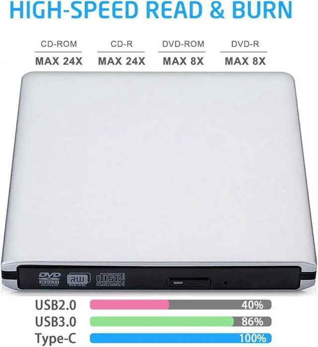 Alt view image 3 of 7 - Aluminum External CD DVD Drive, USB 3.0/Type-C Slim Protable External CD-RW Drive DVD-RW Burner Writer Player for Laptop Notebook PC Desktop Computer, Black, (XD058) Silver