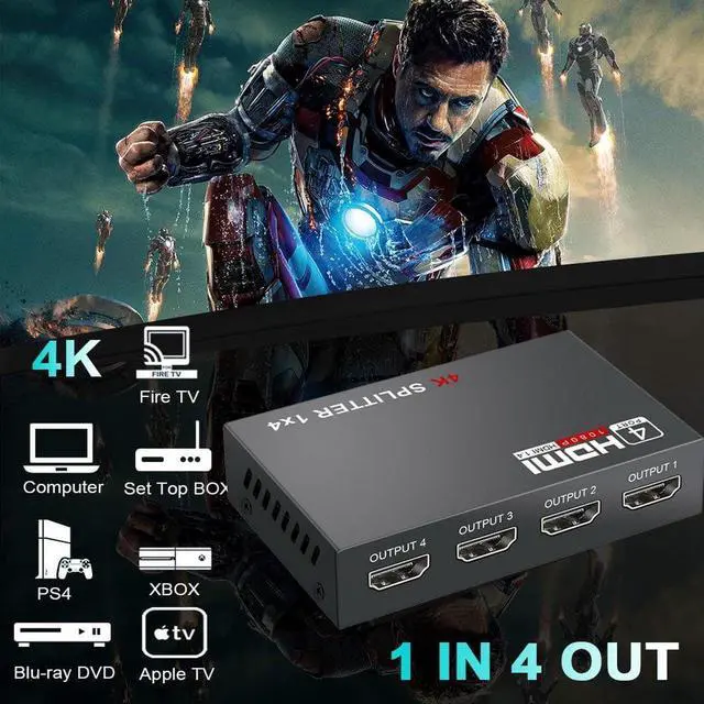 Alt view image 6 of 7 - HDMI Splitter 1 in 4 Out -4K Hdmi Splitter 1x4 Ports v1.4 Powered 4K/2K Full Ultra HD 1080p US Adapter 3D Support
