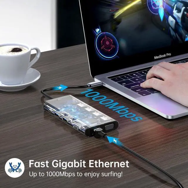Alt view image 7 of 7 - USB C Hub, USB-C Docking Station, 12 in 1 Triple Display Laptop USB C Dock for MacBook and Windows with 2HDMI VGA 100W PD3.0 RJ45 Ethernet 4USB Ports TF/SD Card Reader Audio