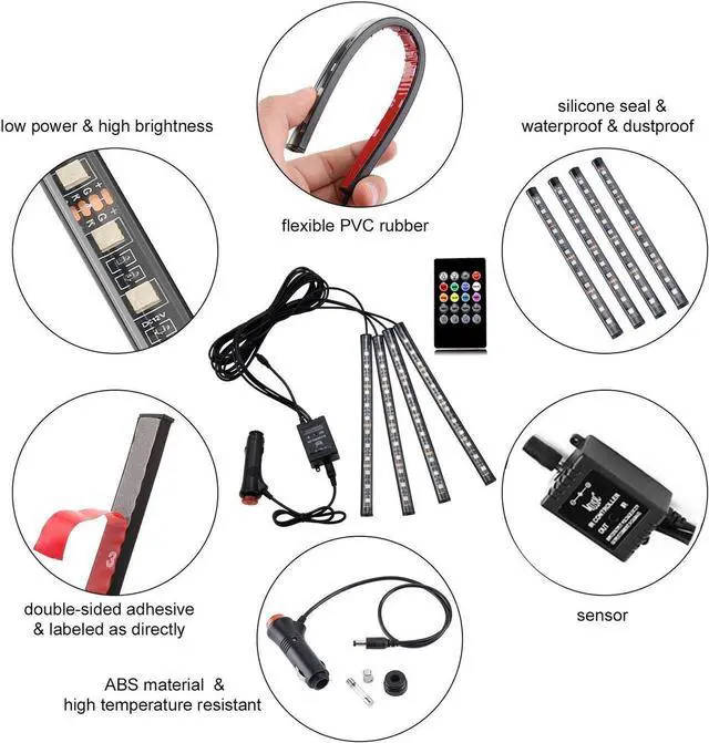 Alt view image 2 of 7 - Car LED Strip Lights, 4pcs 48 LED Multi Color Car Interior Lights For Car Music Car Strip Light Under Dash Lighting Kit with Remote Controller, Sound Active Function