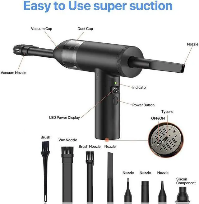 Alt view image 3 of 7 - Compressed Air Duster, Electric Air Duster & Vacuum Cleaner 2 in 1 Rechargeable 7800mAh Cordless, Keyboard and Computer Cleaner, Replaces Compressed Air Cans (Black)