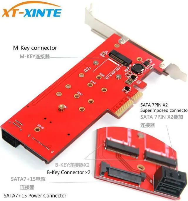Alt view image 5 of 6 - 3 Interfaces M.2 NVMe SSD NGFF to PCIE X16 Riser Card M Key B KEY Interface Card Support PCI Express 3.0 4X M2 SATA