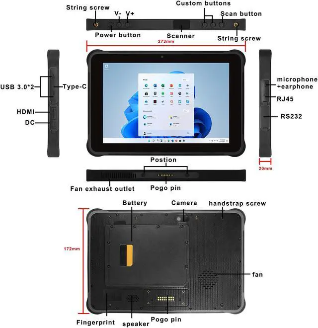 Alt view image 6 of 6 - Sincoole Technology 12th CPU I7-1255U 10.1inch windows 11pro rugged tablet PC 16GB Ram 512GB SSD rom 1920*1200 resolution  450nits RJ45  RS232 USB2.0 USB3.0 WIFI BT GPS NFC industrial PDA IP54