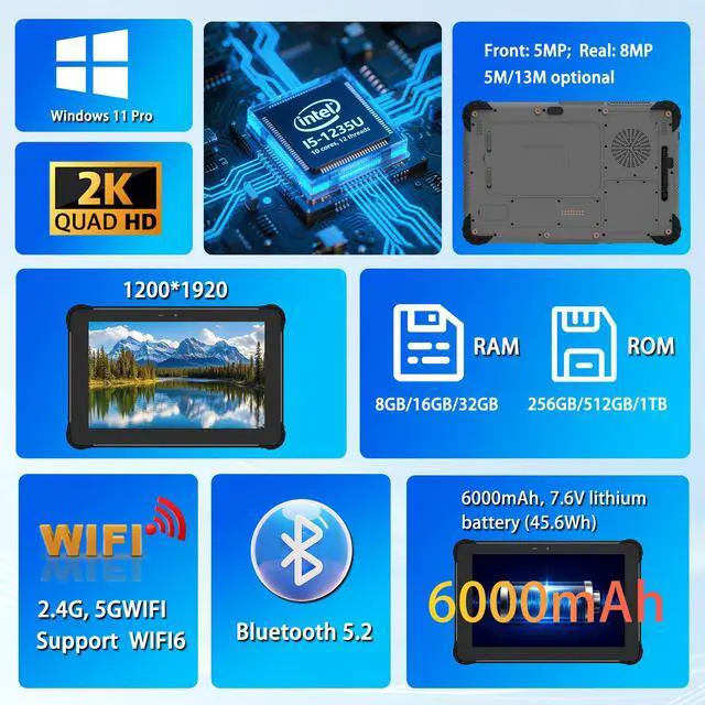Alt view image 4 of 7 - Sincoole 10.1inch windows 11 rugged handheld terminal with CPU:I5-1235U 4G Lte GPS WIFI BT NFC IP65 grade protection rugged pda 8G ram 256G rom, usb3.0 slot 2D scanner