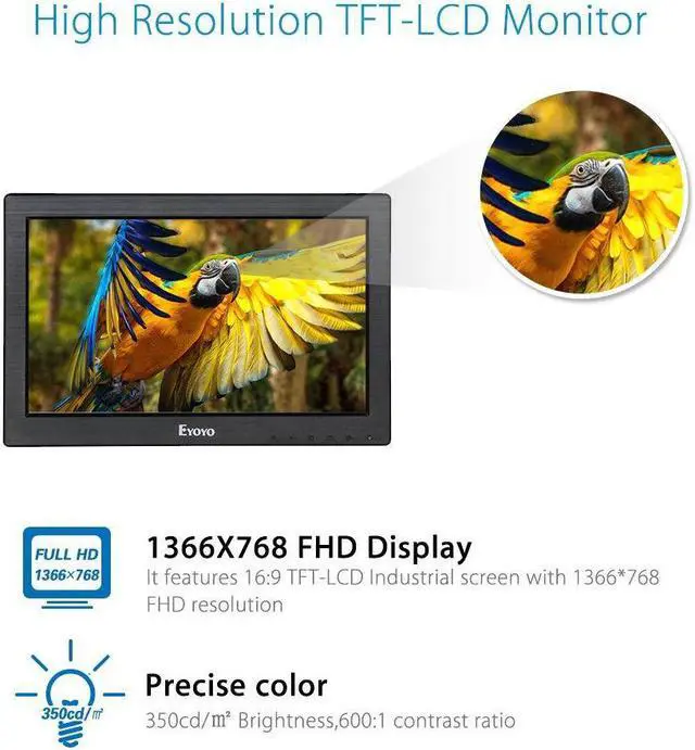 Alt view image 5 of 11 - eyoyo 12" inch tft lcd monitor with av hdmi bnc vga input 1366x768 portable mini hd color screen display with builtin speaker for pc cctv home security