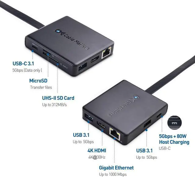 Alt view image 7 of 8 - Cable Matters USB C Hub with 4K HDMI, 80W Charging, UHS-II Card Reader, 4X USB, and Gigabit Ethernet - USB-C and Thunderbolt 3 Port Compatible for Suface Pro 7, MacBook Pro, Dell XPS and More