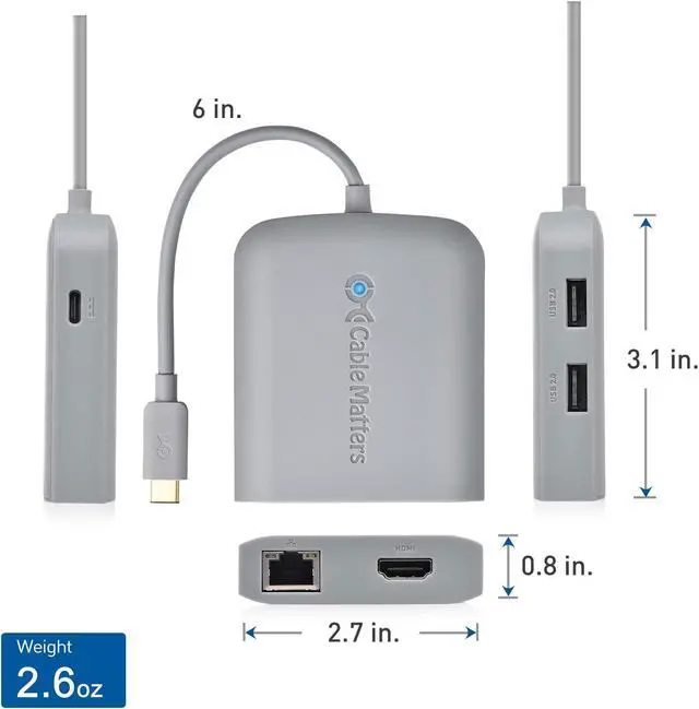 Alt view image 2 of 9 - Cable Matters USB C Hub Multiport Adapter (Works With Chromebook certified) with 4K HDMI, 2x USB 2.0, 480Mbps Ethernet, and 60W PD