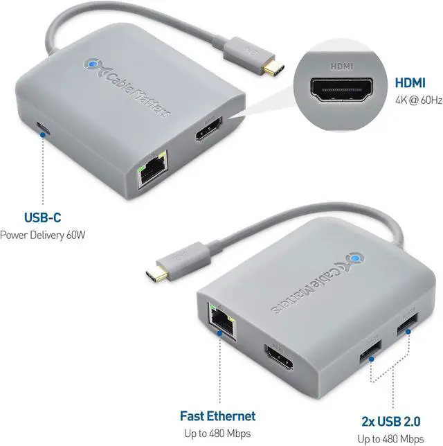 Alt view image 7 of 9 - Cable Matters USB C Hub Multiport Adapter (Works With Chromebook certified) with 4K HDMI, 2x USB 2.0, 480Mbps Ethernet, and 60W PD
