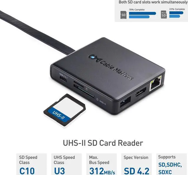 Alt view image 4 of 8 - Cable Matters USB C Hub with 4K HDMI, 80W Charging, UHS-II Card Reader, 4X USB, and Gigabit Ethernet - USB-C and Thunderbolt 3 Port Compatible for Suface Pro 7, MacBook Pro, Dell XPS and More
