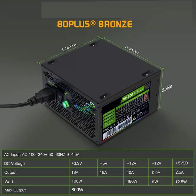 Alt view image 3 of 3 - Power Supply 800 Watt Semi Modular 80+ Bronze, VP-800-W RGB