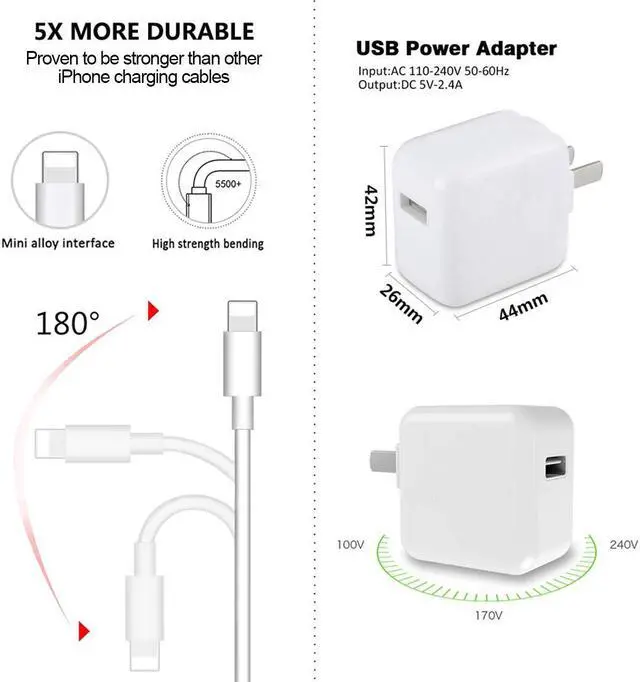 Alt view image 3 of 6 - iPhone Charger iPad Charger, 2.4A 12W USB Wall Charger Foldable Portable Travel Plug with 1-Pack Cable Compatible with iPhone 7/8/X/XS/11/12/13, iPad, iPod, Airpods,(3.3FT)