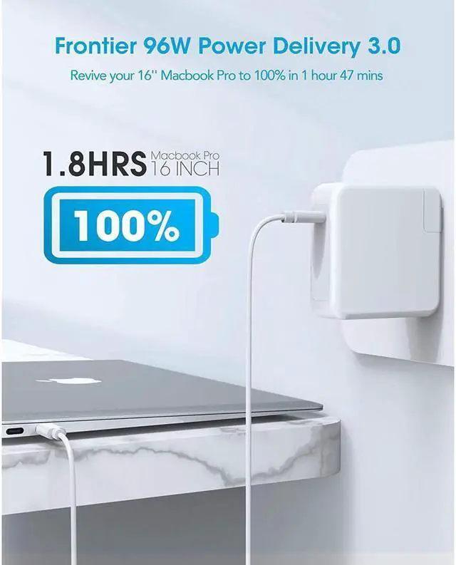 Alt view image 2 of 5 - aibileec Mac Book Pro Charger,96W USB-C Power Adapter Compatible with MacBook Pro 16/15/13-inch,for MacBook Air,for MacBook 12-inch,for Ipad Pro,Included USB-C to USB-C Cable(2M)