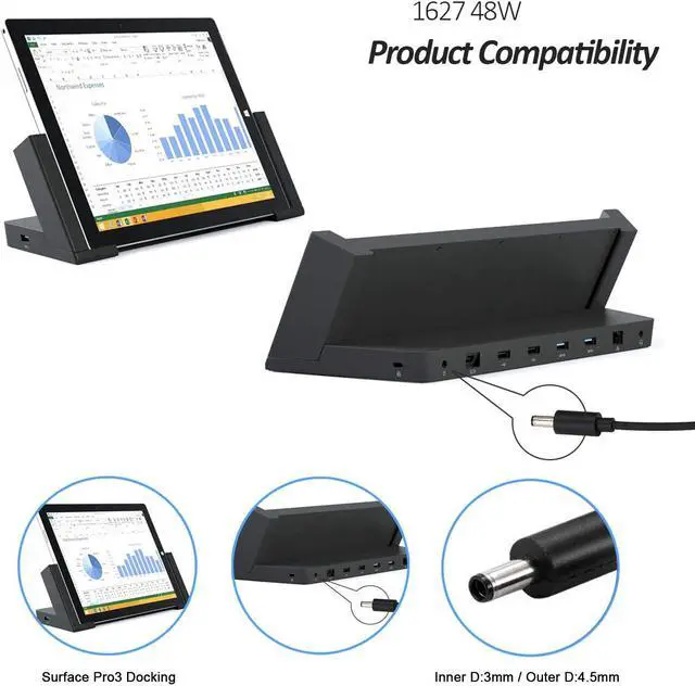 Alt view image 6 of 6 - 48W 12V 4A 1627 AC Adapter Charger Replacement for Microsoft Surface Pro 3 Docking Station 1664 Power Supply Transformer with Power Cord