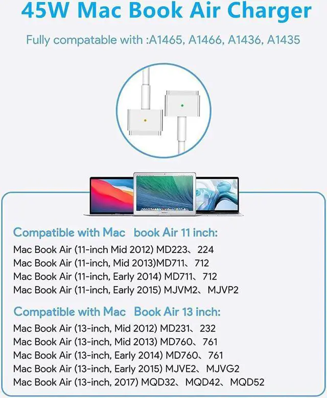 Alt view image 6 of 6 - aibileec Mac book Air Charger Replacement for Mac Air AC 45W Power T-tip Shape Connector Power Adapter for 11 inch and 13 inch (Between 2012-2017)