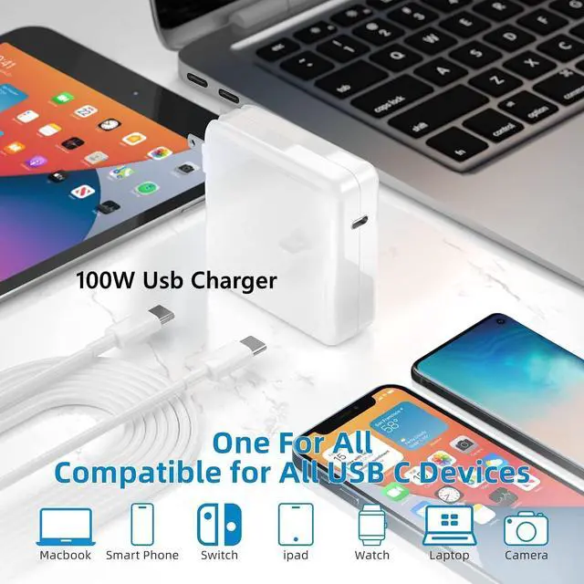 Alt view image 3 of 7 - mac Book pro Charger 100W USB C Power Adapter Compatible with Mac Book Pro 16, 15, 14, 13 Inch, Mac Book Air 13 Inch, iPad Pro 2021/2020/2019/2018, Included 7.2ft USB C to C Cable