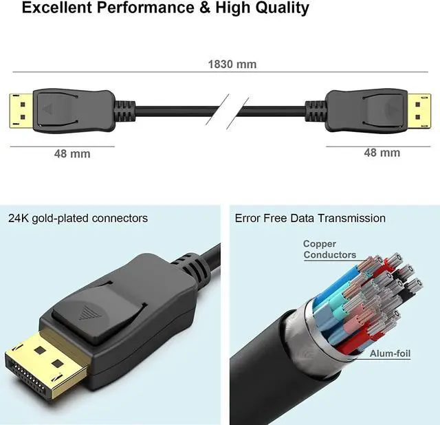 Alt view image 5 of 12 - DisplayPort to DisplayPort 6 Feet Cable [4K@60Hz 2K@144Hz], DP to DP Male to Male Cable Gold-Plated Cord Compatible for Lenovo, Dell, HP, ASUS and More