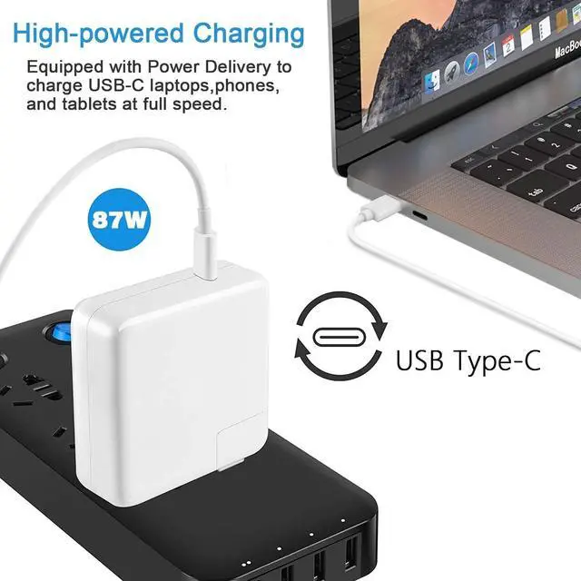Alt view image 3 of 4 - 87W USB C Charger Power Adapter Compatible with MacBook Pro 15, 13 inch, New Air 13 inch 2020/2019/2018, Thunderbolt 3 Block, 6.6ft 5A Cable