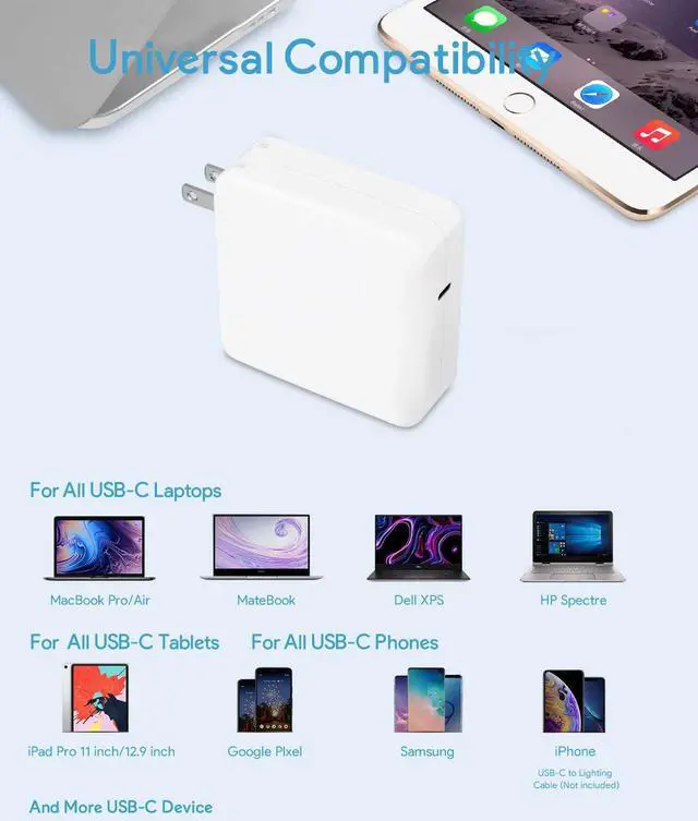 Alt view image 3 of 6 - 61W AC Power Adapter for MacBook Pro 13 Air Charger Power supply with USB-C Charging Cable Also compatible other USB C Chare Device