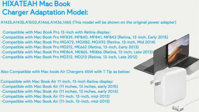 Alt view image 3 of 3 - Mac Book Pro Charger, 60W Power Adapter T-Tip Magnetic Connector Charger Compatible with Mac Book Pro Retina 13-inch and Mac Book Air(After Late 2012)