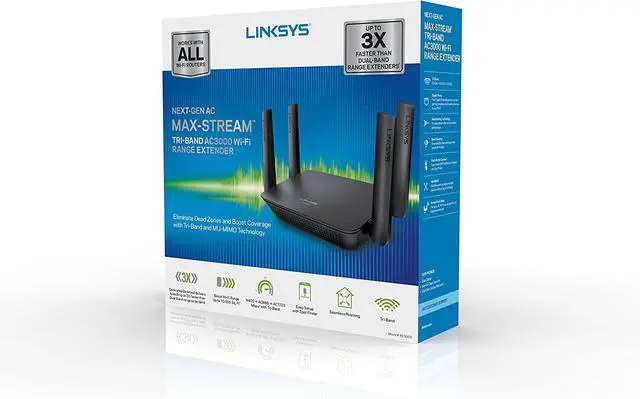 Alt view image 5 of 6 - Linksys RE9000: AC3000 Tri-Band Wi-Fi Extender, Wireless Range Booster for Home, 4 Gigabit Ethernet Ports, Works with Any Wi-Fi Router (Black)